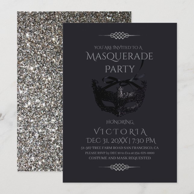 Elegant Silver Black Masquerade Party Birthday Invitation (Front/Back)