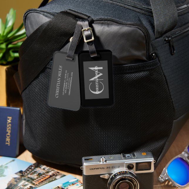 Elegant silver Black monogrammed Name Personalised Luggage Tag (Front & Back)