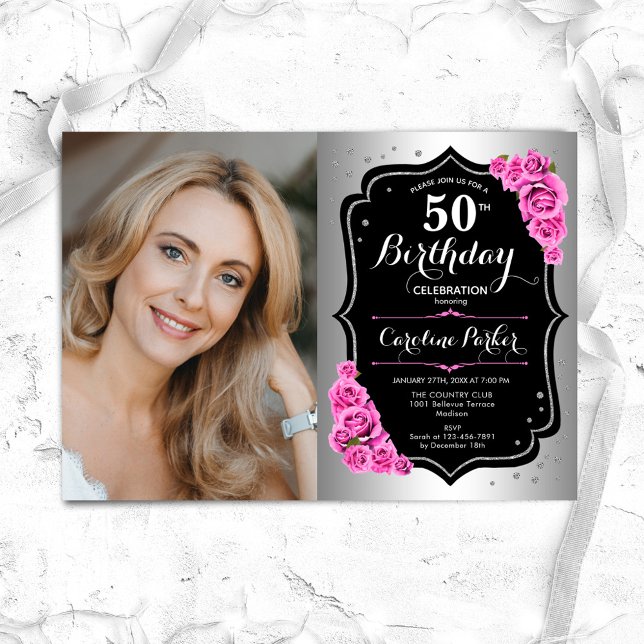 Elegant Silver Black Pink Photo 50th Birthday Invitation (Creator Uploaded)