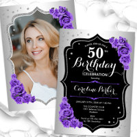 Elegant Silver Black Purple Photo 50th Birthday