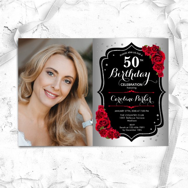 Elegant Silver Black Red Roses Photo 50th Birthday Invitation (Creator Uploaded)