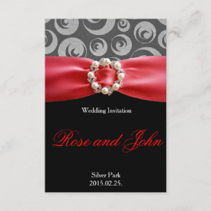 Elegant Silver Black Red Satin Ribbon Wedding Card