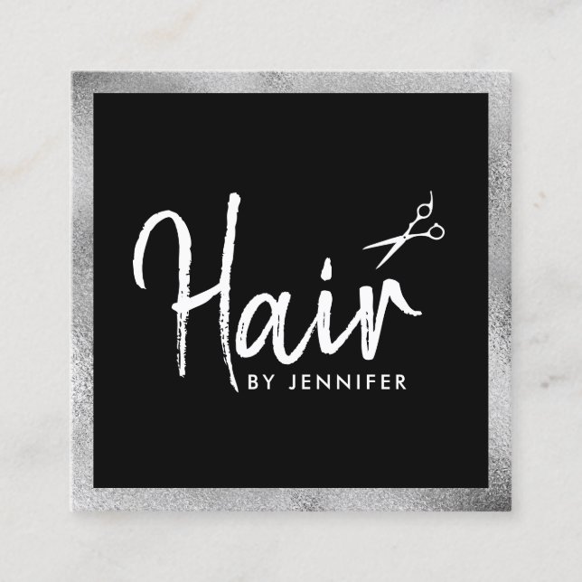 Elegant silver & black scissors hairstylist square business card (Front)