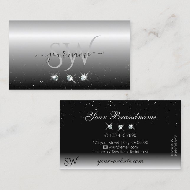 Elegant Silver Black Sparkling Diamonds Initials Business Card (Front/Back)