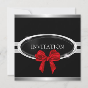 Elegant Silver Black & White Stars Red Bow Invitation