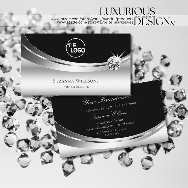 Elegant Silver Black with Logo and Sparkle Diamond Business Card (Creator Uploaded)