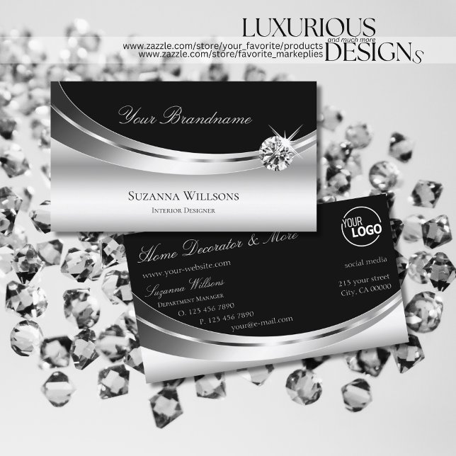 Elegant Silver Black with Logo Sparkling Diamond Business Card (Creator Uploaded)