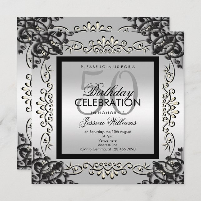 Elegant Silver & Black Women's 50th Birthday Invitation (Front/Back)