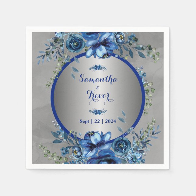 Elegant Silver Blossoms Wedding Napkin (Front)