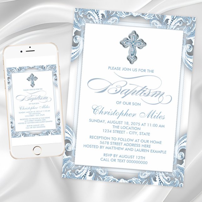 Elegant Silver Blue Baptism Invitation (Blue and silver cross baptism invitation with script and cross on swirl back. Digital and print.)
