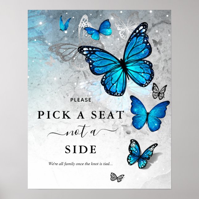 Elegant Silver Blue Butterfly Pick a Seat Wedding  Poster (Front)