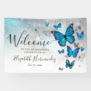 Elegant Silver Blue Butterfly Welcome Party Banner