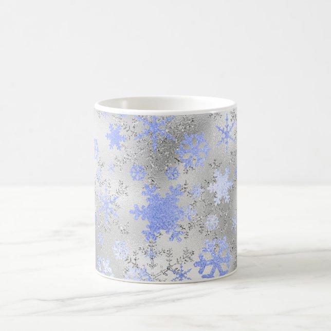Elegant Silver Blue Christmas Snowflake Pattern Coffee Mug (Center)