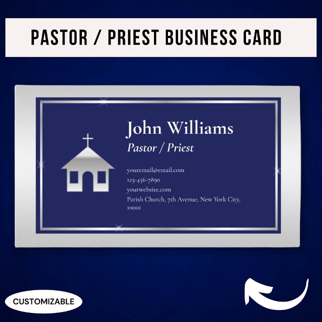 Elegant Silver Blue Church Pastor Priest Business Card (Creator Uploaded)