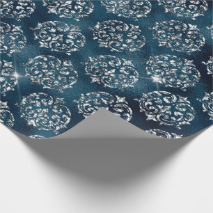 Elegant  Silver Blue Damask Christmas Holiday Wrapping Paper