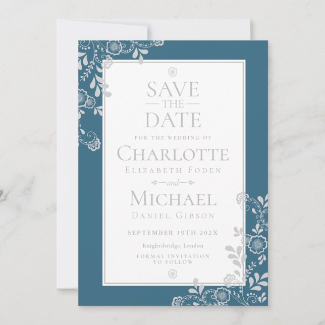 Elegant Silver Blue Floral Wedding Save the Date (Front)