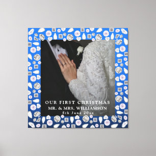 Elegant Silver Blue Heart Diamond First Christmas Canvas Print