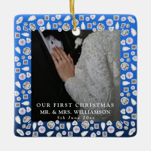 Elegant Silver Blue Heart Diamond First Christmas Ceramic Ornament (Front)