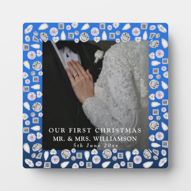 Elegant Silver Blue Heart Diamond First Christmas Plaque (Front)