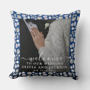 Elegant Silver Blue Heart Diamond Glitter Wedding  Cushion