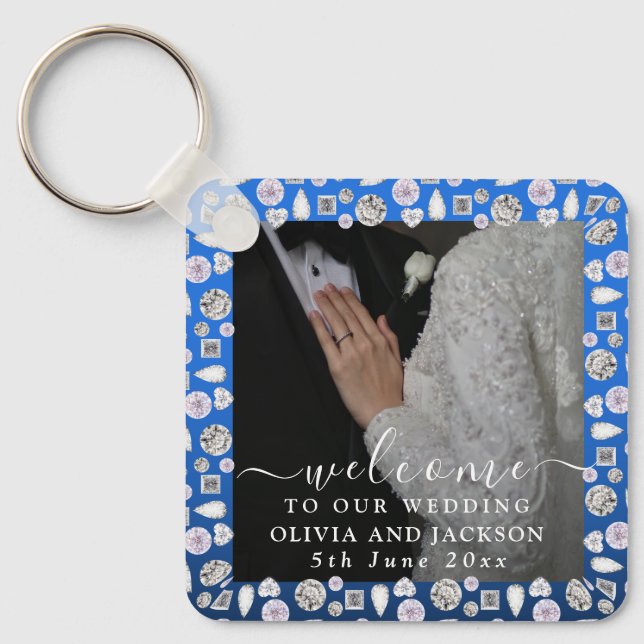 Elegant Silver Blue Heart Diamond Glitter Wedding  Key Ring (Front)