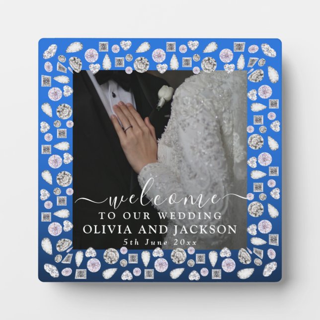 Elegant Silver Blue Heart Diamond Glitter Wedding  Plaque (Front)