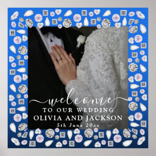 Elegant Silver Blue Heart Diamond Glitter Wedding Poster