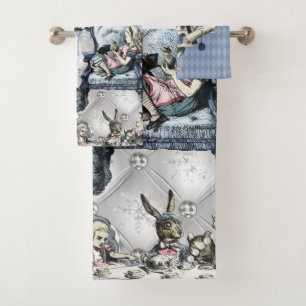 Elegant Silver Blue Ice Alice in Wonderland Bath Towel Set