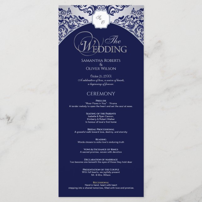 Elegant Silver Blue Monogram Wedding Program (Front)