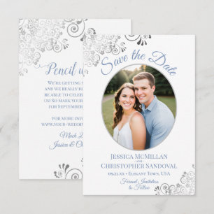 Elegant Silver & Blue on White Photo Wedding Save The Date