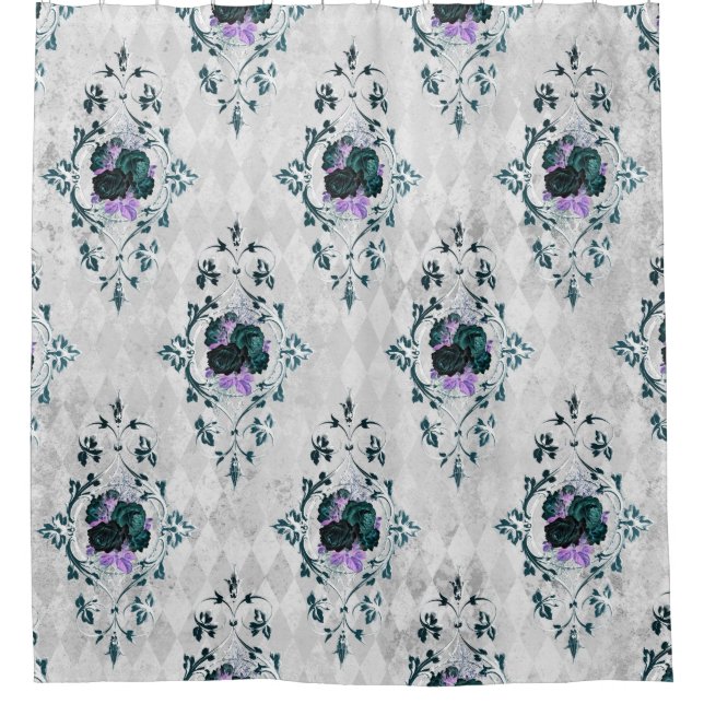 ELEGANT SILVER BLUE VINTAGE FLORAL SHOWER CURTAIN (Front)