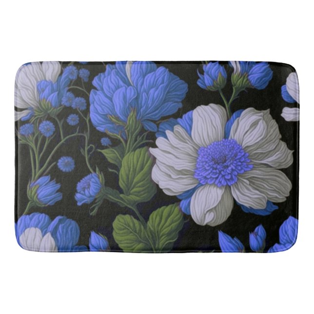 Elegant silver blue white elegant retro florals bath mat (Front)