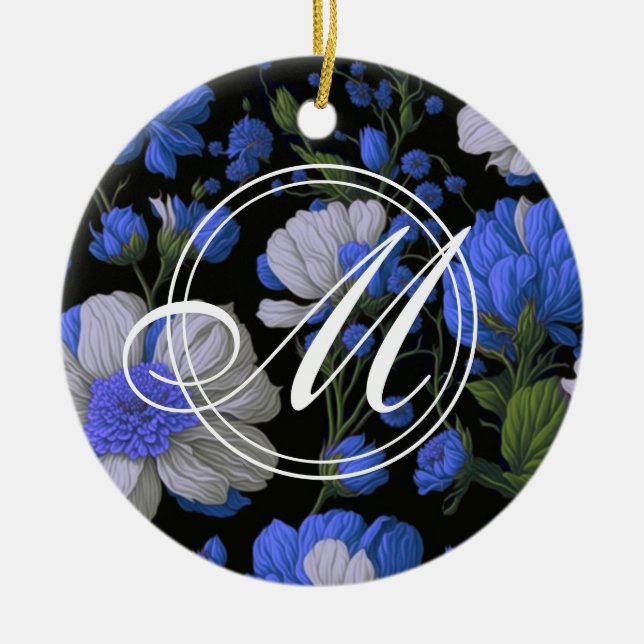 Elegant silver blue white elegant retro florals ceramic ornament (Front)