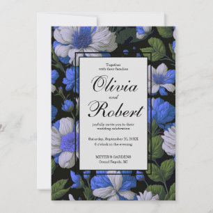 Elegant silver blue white elegant retro florals invitation