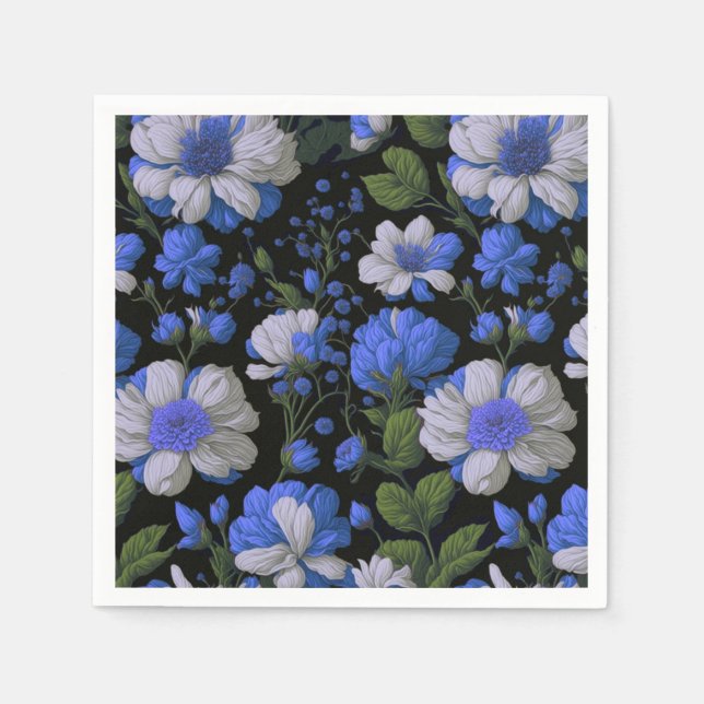 Elegant silver blue white elegant retro florals napkin (Front)