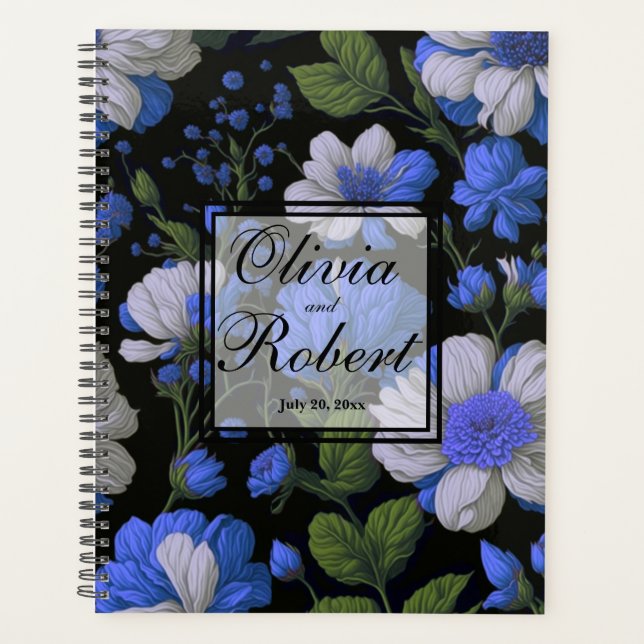 Elegant silver blue white elegant retro florals  planner (Front)