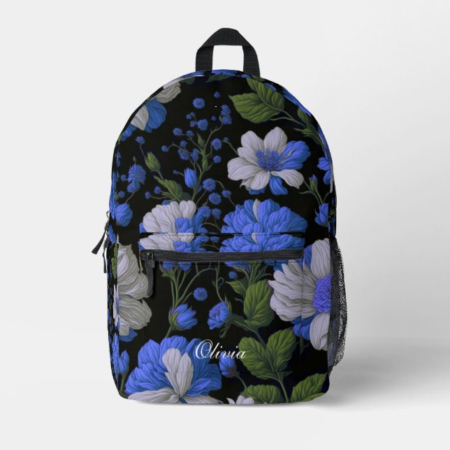 Elegant silver blue white elegant retro florals printed backpack (Front)