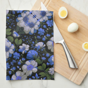Elegant silver blue white elegant retro florals tea towel