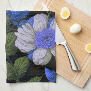 Elegant silver blue white elegant retro florals tea towel