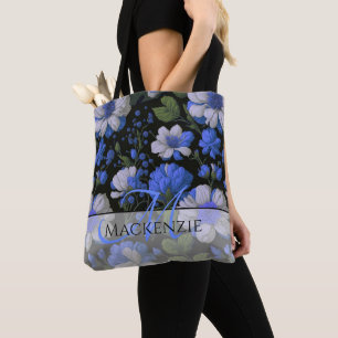 Elegant silver blue white elegant retro florals tote bag