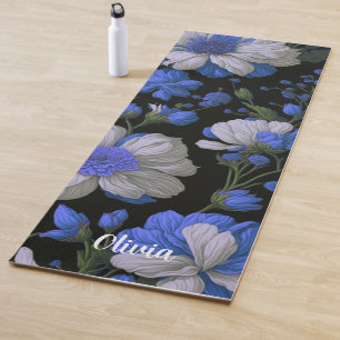 Elegant silver blue white elegant retro florals yoga mat