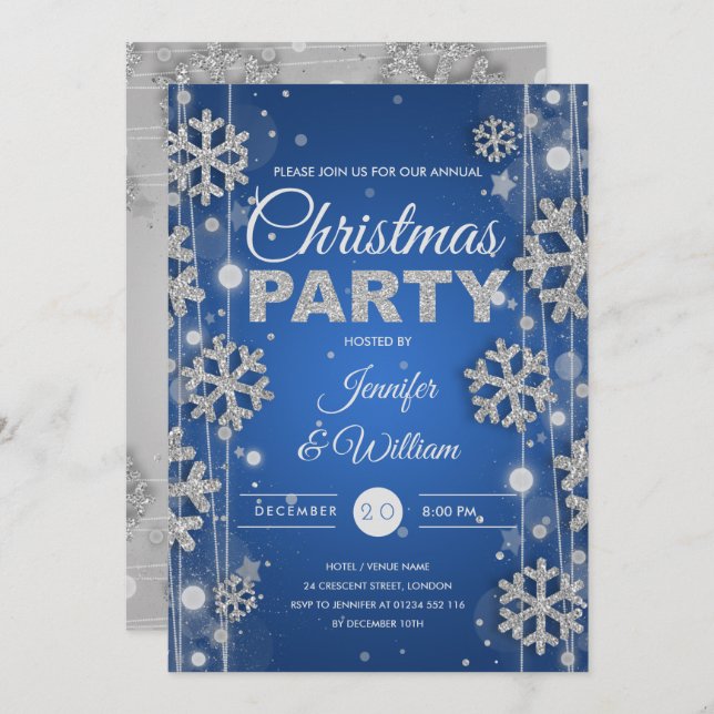 Elegant Silver Blue Winter Glam Christmas Party Invitation (Front/Back)