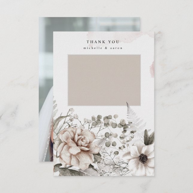 elegant silver blush floral photo thank you card (Front/Back)