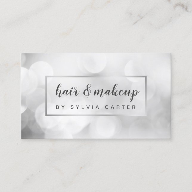 Elegant silver Bokeh Feminine Hair Stylist Salon Business Card (Front)
