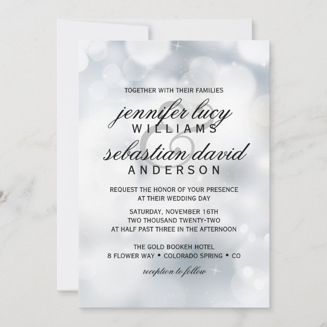 Elegant Silver Bokeh Light Chic Wedding Invitation (Front)