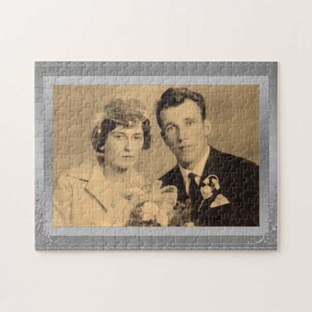 Elegant silver border frame custom photo  jigsaw puzzle (Horizontal)