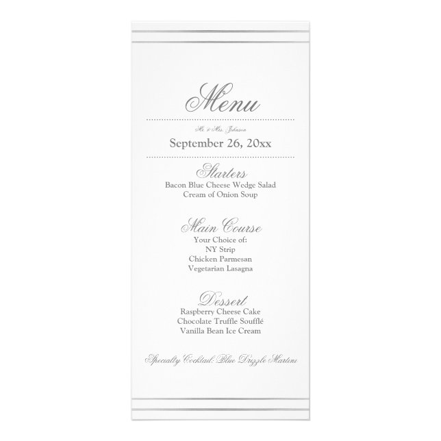 Elegant Silver Border Wedding Dinner Menu (Front)
