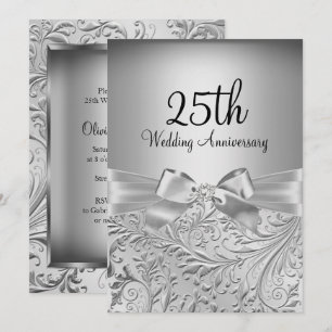 Elegant Silver Bow Floral Swirl 25th Anniversary Invitation
