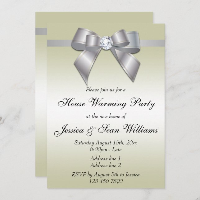 Elegant Silver Bow House Warming Party Invitation (Front/Back)