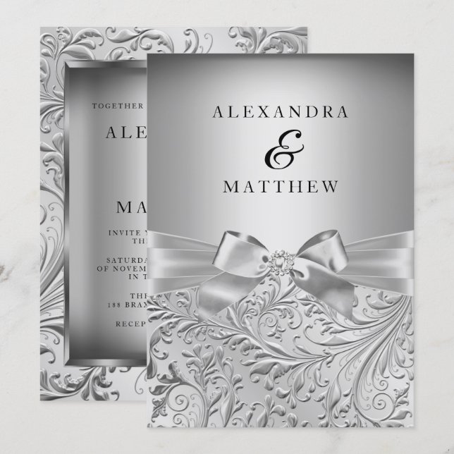 Elegant Silver Bow Silver Leaf Swirl Wedding Invitation (Front/Back)